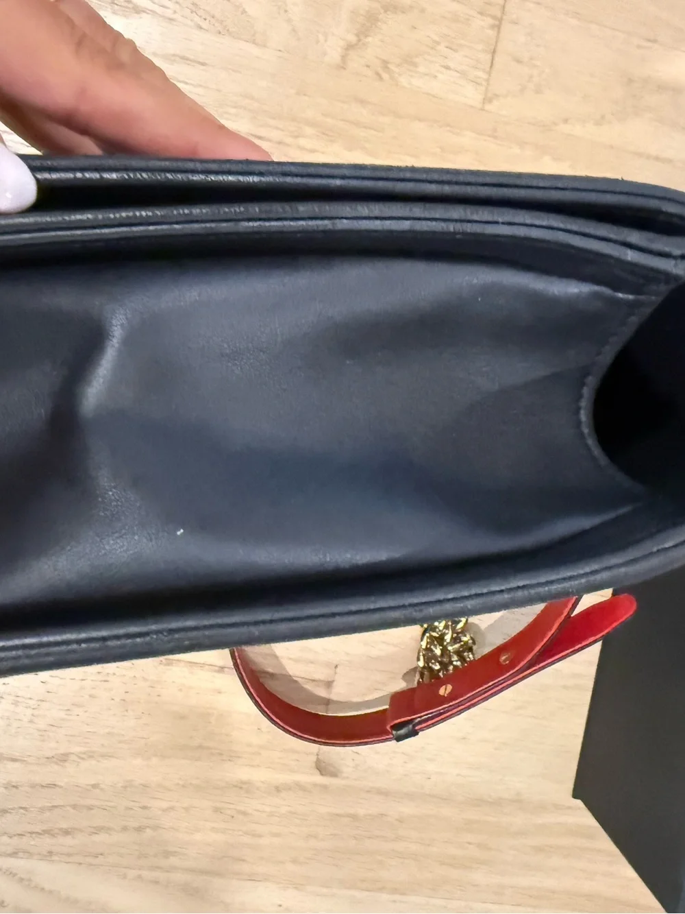 Authentic Chanel Navy Quilted Medium Boy Bag with Red & Gold Accent